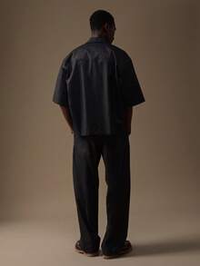 SUMWON Conjunto Co-Ord de Camisa com Botões e Listras Texturizadas com Calça Reta Combinando, Look Casual - Preto - Visão 2