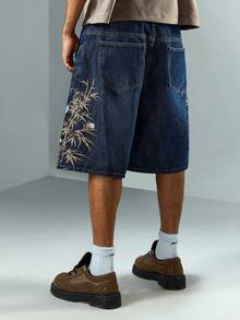 ROMWE MEN Street Life Men's Tiger Embroidery Casual Denim Shorts - Blue - View 2