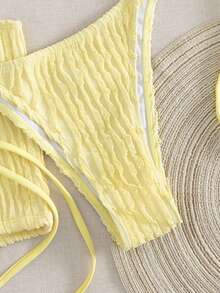 Swim Vcay Damen Frühling/Sommer Strand Musik Festival strukturierter Stoff gelb perlenbesetzter Neckholder Tanga Bikini Dreiteiler Set - Gelb - Übersicht 4