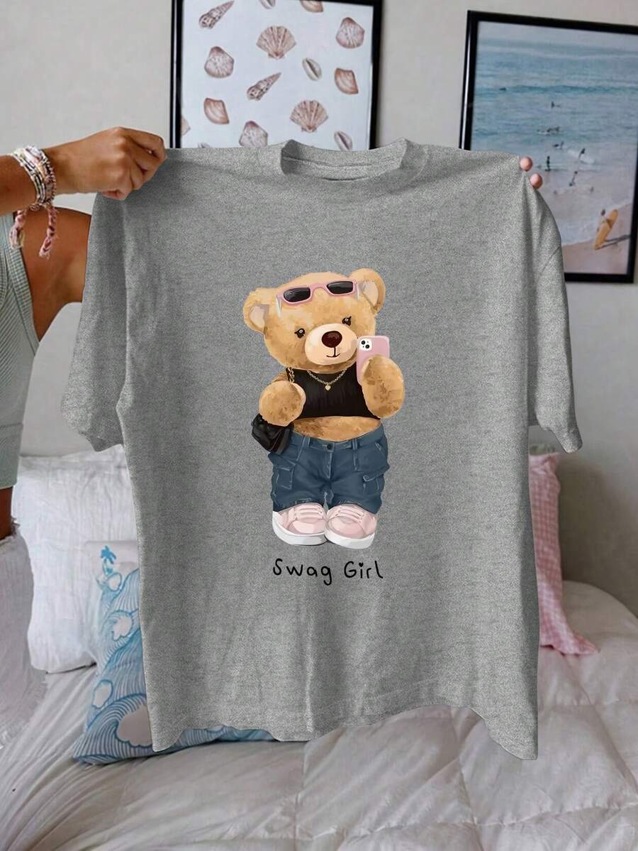 INAWLY 女士夏季圆领字母和熊印花T恤图案上衣 - 灰色 - 查看 1