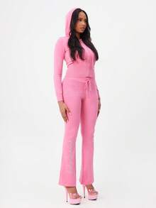 BABYPHAT Ribbed Knit Flare Leg Pants High Waisted Wide Leg Trousers With Script Print Detail Casual Comfortable Loungewear Bottoms - Hot Pink - View 5