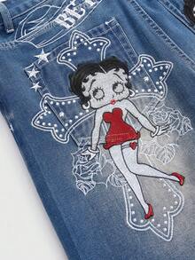 Betty Boop | ROMWE 哥特十字架和藤蔓玫瑰图案刺绣做旧水洗超大直筒加长Y2K牛仔裤 - 淺色水洗藍 - 查看 9
