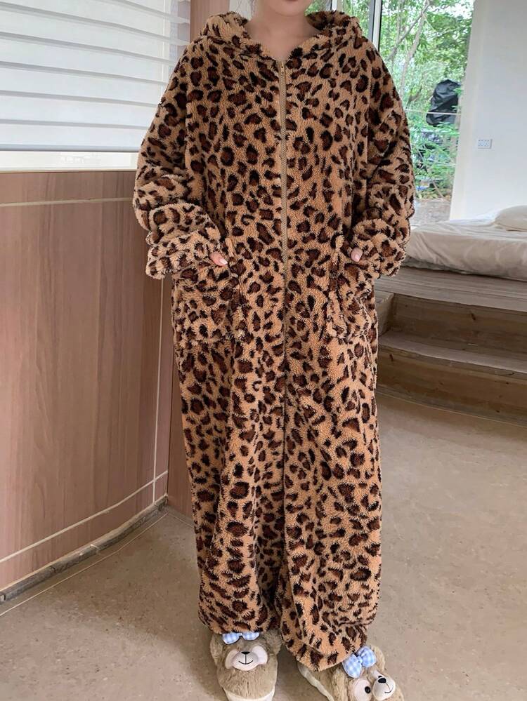 Dazy Plus Thermal Lined Leopard Print Hooded Loose Plus Size Women Jumpsuit Pajamas