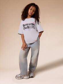 SUMWON Oversized Short Sleeve Crew Neck T-Shirt With Club International Chest Print And Globe Design For Casual Everyday Wear Vacation - Grey - View 3