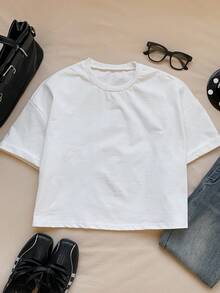 SHEIN EZwear Women's Summer Casual White Oversize Crop Drop Shoulder Tee - White - View 6