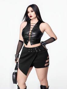 Whyspr Quần váy nữ cỡ lớn màu trơn thiết kế khóa cài kiểu punk, phong cách miền Tây Gothic gợi cảm, quần short đi xem hòa nhạc. - màu đen - Xem 3