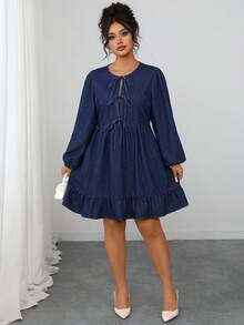 Elenzga 大码女式休闲抽绳荷叶边牛仔连衣裙 - 藍色 - 查看 4