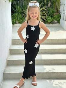 Emery Rose Kids Emery Rose Kids Đầm dự tiệc dáng ôm cổ yếm in hoa thanh lịch dành cho bé gái, dây mảnh, chân váy xòe có nơ, thích hợp mặc hàng ngày. - màu đen - Xem 3