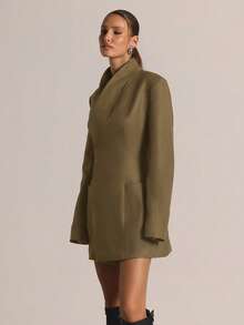 MUSERA 修身收腰漏斗领长袖西装裙，休闲外出日常性感可爱舒适派对优雅别致情人节婚礼宾客毕业舞会 - 橄欖綠 - 查看 6