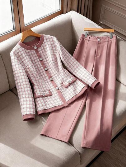 GlowEve CURVE Plus Size Women's Elegant 2-Piece Set, Colorblock Round Neck Metal Button Pocket Blouse And Solid Straight Leg Pants Ladies Casual Sets Suits For Woman Set Office Outfits For Women Set Tweed Two Piece Set Professional Clothes Women Sets