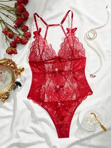 Bow Front Cut Out Lace Teddy Bodysuit Lingerie - Burgundy - View 1