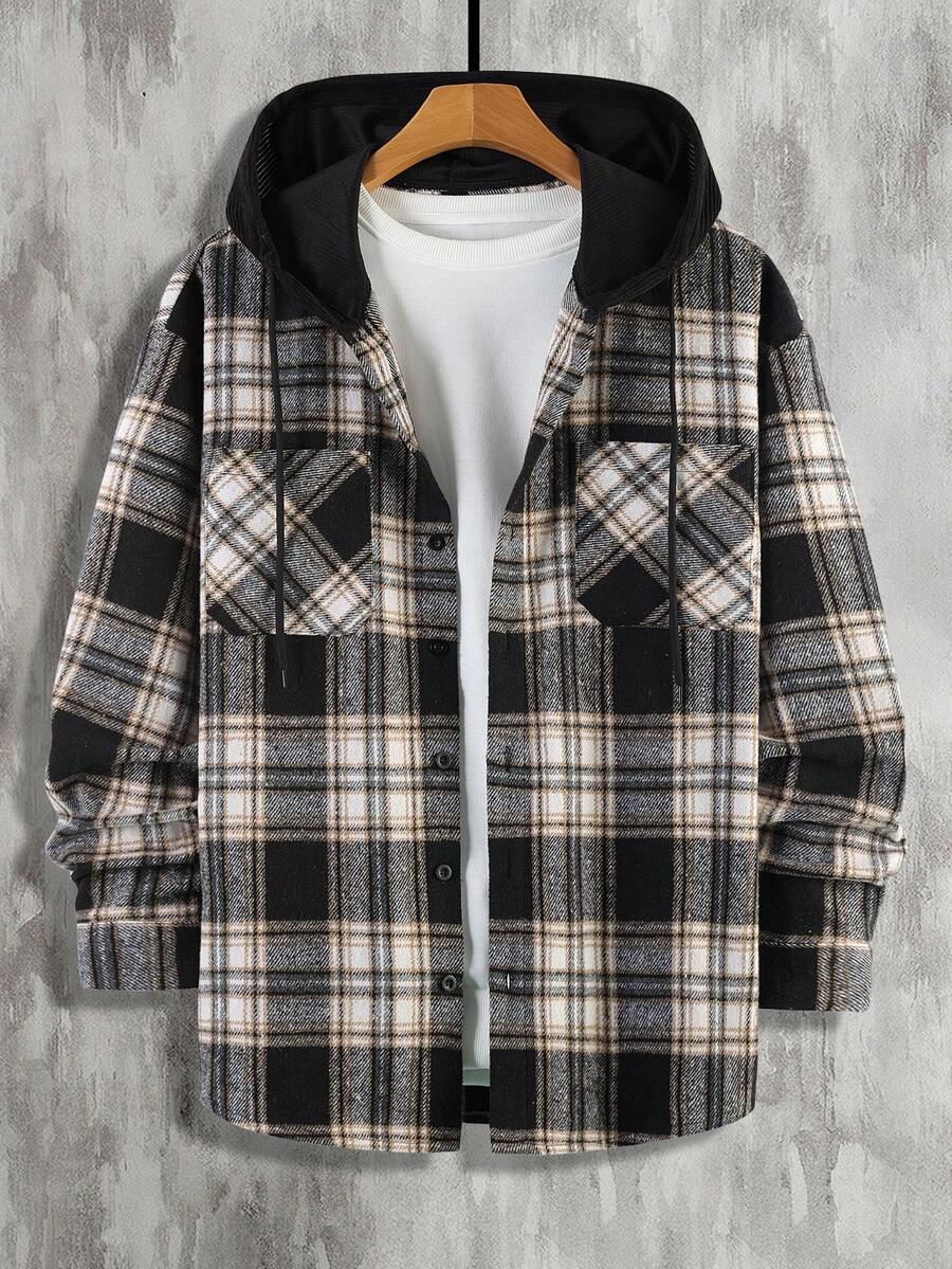 Manfinity Homme Manfinity 男士格子双口袋长袖连帽夹克,休闲百搭,适合度假、日常办公、居家、用餐、外出等各种场合。简约百搭,自穿或送礼皆宜。法兰绒面料。格子法兰绒男士衬衫外套,男士法兰绒衬衫,格子夹克,男士衬衫,街头服饰 - 彩色 - 查看 1