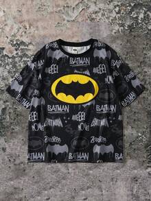 BATMAN X SHEIN 85th Áo thun nam tuổi teen kiểu dáng thường ngày, in hình dơi khắp áo, dáng rộng, vai rớt, thích hợp mặc đi làm, dạo phố, mùa hè. - màu đen - Xem 1