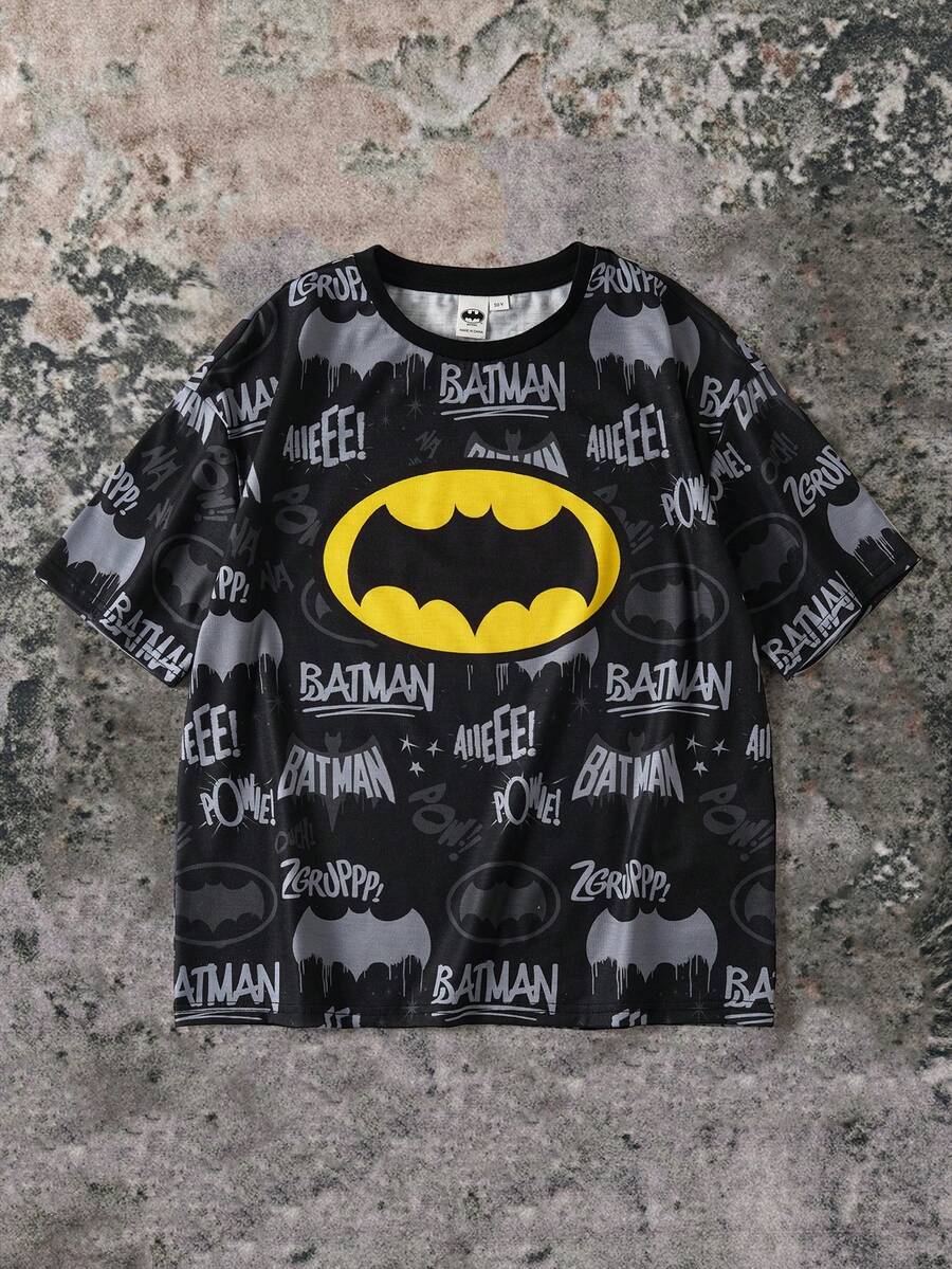 BATMAN X SHEIN 85th Áo thun nam tuổi teen kiểu dáng thường ngày, in hình dơi khắp áo, dáng rộng, vai rớt, thích hợp mặc đi làm, dạo phố, mùa hè. - màu đen - Xem 1
