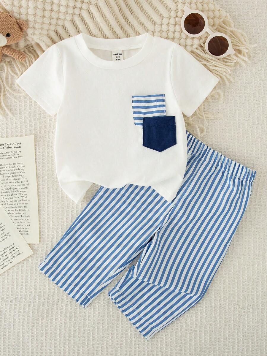 SHEIN 男婴春季休闲度假短袖圆领针织拼接撞色口袋上衣+蓝色条纹宽松裤T恤套装，适合休闲度假日常穿着