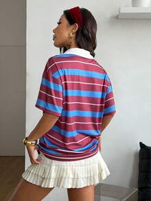 Coolane Áo polo tay ngắn thể thao họa tiết sọc đỏ và xanh dương phong cách Y2K, thích hợp mặc đi chơi, đi nghỉ hè, kiểu dáng cổ điển. - Màu Đỏ Sâu - Xem 5