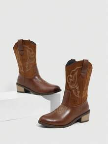 Rosivie Giày bốt cao đến giữa bắp chân phong cách phương Tây dành cho nữ, thời trang để mặc hàng ngày - màu nâu - Xem 1