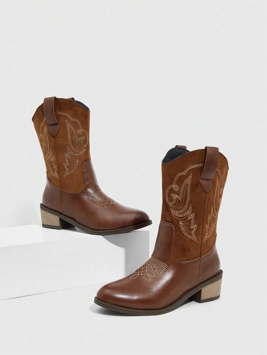 Rosivie Giày bốt cao đến giữa bắp chân phong cách phương Tây dành cho nữ, thời trang để mặc hàng ngày - màu nâu - Xem 1