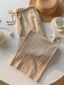 SHEIN EZwear Linen Drawstring Waist Slant Pocket Wide Leg Pants - Apricot - View 3