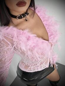 Whyspr 女士毛绒撞色蕾丝长袖衬衫，性感约会装，秋冬季 - 粉色 - 查看 2