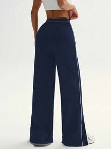 Dewbera Women's Loose Fit Straight Leg Sweatpants With Pockets, Waistband Contrast Stripe, High Stretch Elastic Waist, Suitable For Daily Casual Wear, Running, Yoga, Gym, Tennis, Golf, Autumn/Winter - Navy Blue - View 3