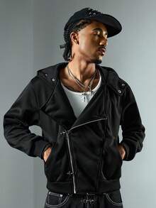 ROMWE MEN Goth Men's Casual Versatile Airplane Buckle Zipper Hoodie - Black - View 5