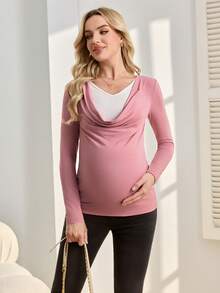 SHEIN Umstandsmode Geraffter Rundhals Langarm Strick Lässig Top - Pink - Übersicht 5