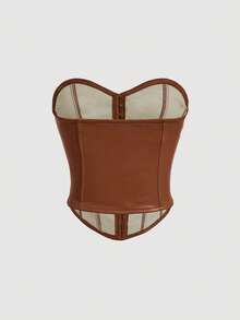 SHEIN Tall CURVE Áo ống đen chất liệu da PU trang trí nút bấm phía trước cỡ lớn - màu nâu - Xem 2