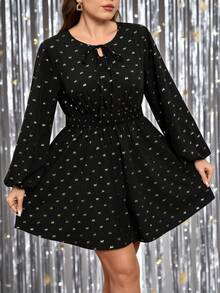 EMERY ROSE Große Größen Allover-Muster Twist-Front Langarm-Kleid - Schwarz - Übersicht 5