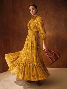 MOTF PREMIUM VESTIDO CON MANGA FAROL DE VOLANTES, ESTAMPADO JACQUARD Y TERCIOPELO AFIELTRANDO - Amarillo - Ver 5