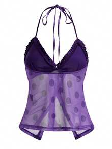 Y2Kool Annarte Purple, Mesh, Sheer, Bowknot, Y2K, Girly, Casual, Women's Halter Neck Top, Suitable For Vacation, Gathering, Party, Daily Wear Sexy Top Matching Idea Stylish Collection New Years Ruffle Trim Top Purple Top Women Sheer Top Purple Halter Top Polka Dot Top Purple Polka Dot Top Springs Women Birthday For Women Carnival - Purple - View 2