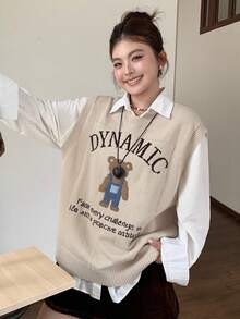 Dazy Plus 时尚休闲泰迪熊卡通图案字母提花宽松圆领百搭休闲毛衣背心，女童款