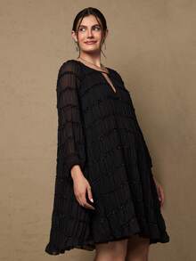 Freevana Plus Size Elegant Solid Color Textured Hollow Out Midi Dress, Suitable For Commuting Boho Dress Business Casual Western Resort Wear Women Valentines Chiffon Dress Brunch Outfits For Women Pleated Dress Textured Dress - Black - View 7