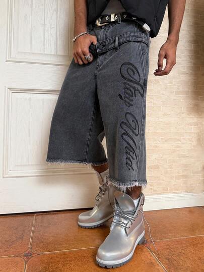 PAVTROS Men's Letter Pattern Frayed Hem Casual Loose Denim Shorts Shorts With Vintage Written On Them For Men