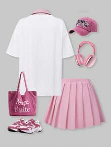 SHEIN ChillGRL Casuvi Kids Casual Fashionable Daily Versatile Graphic Print 2 In 1 T-Shirt & Cute Pink Pleated Skirt 2-Piece Set, Spring/Summer Kids Girls Outfits For Summer Baseball