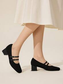 CUCCOO BASICS 女士方头搭扣设计时尚日常穿搭粗跟高跟鞋 - 黑色 - 查看 4