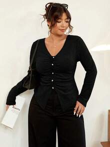 Vionelle Plissiertes gestreiftes Langarm T-Shirt mit V-Ausschnitt in Große Größen, figurformend, für Herbst/Winter