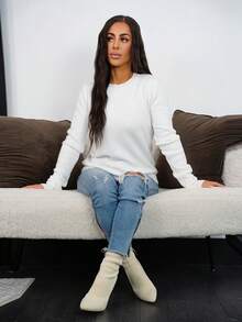 SAYEHFBABY 1 pièce Pull à col rond à manches longues doublé thermique confortable pour femmes, pull épais et chaud tricoté pour l'automne/l'hiver - Blanc - Voir 6