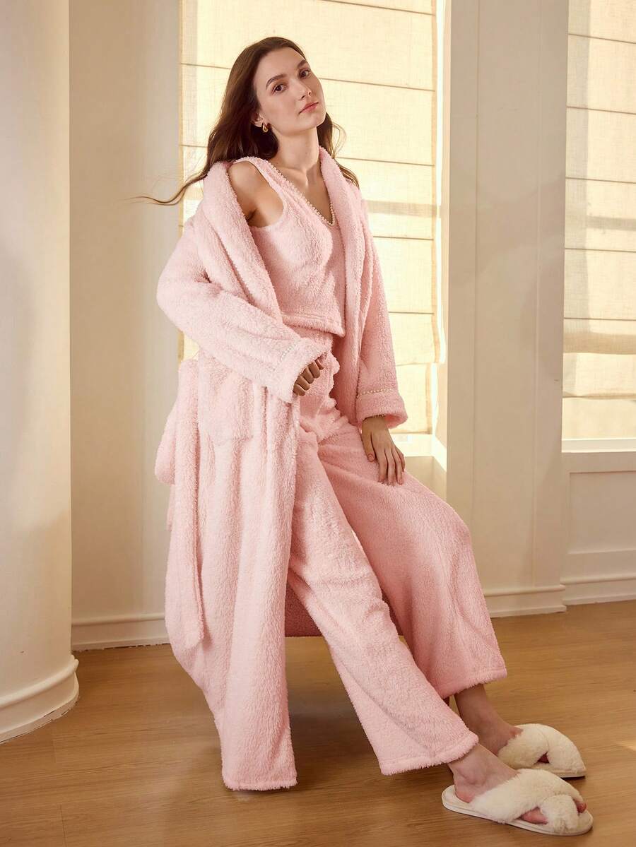 MOTF PREMIUM SHAWL COLLAR FAUX PEARL DECOR FUZZY BELTED ROBE - Coral Pink - View 1