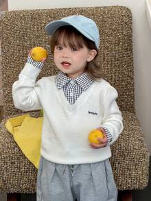 DAZY Toddler Girls' Colorblock Plaid Korean Style Autumn/Winter Letter Embroidery Long Sleeve Sweater - White - View 7