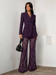 Islaluna Women's Elegant Loose Double-Breasted Long Sleeve Blazer Jacket And Flared Lace Pants Set, Spring/Autumn - Purple - View 4