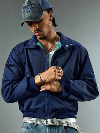 معطف كاجوال مربع الأنماط بطراز الكلية للرجال، خريف/شتاء