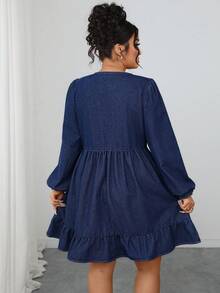 Elenzga 大码女式休闲抽绳荷叶边牛仔连衣裙 - 藍色 - 查看 2