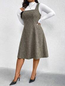 Auvina Plus Size Women Casual Versatile Vacation Bib Overall Dress, Autumn/Winter - Brown - View 3