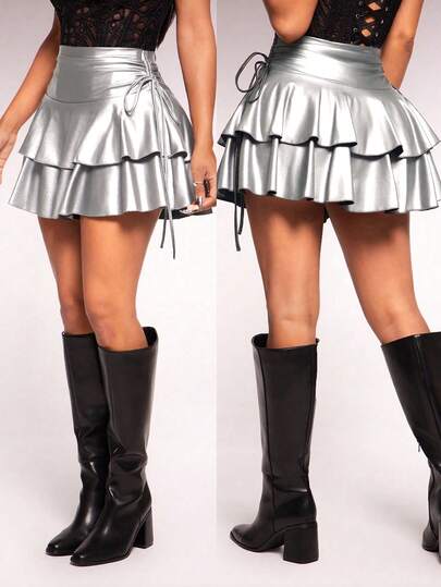 Radiana Women's Sexy Casual Street Style Elastic PU Coated Fabric Drawstring Waist Layered Ruffle Hem Mini Skirt, Suitable For Daily Wear, Music Festivals, Concerts, Carnival Parties, Date Nights, Birthdays, Singles Parties, Clubs, Cute Casual Looks, Shopping, Street Fashion, Outings, Stylish, Easy To Match, Flattering Silhouette Ruffled Skirt Silver Skirt Metallic Skirt Skater Skirt