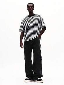 SUMWON Oversized Crew Neck Short Sleeve Striped T-Shirt With Gold Script Embroidery Chest Print Casual Jersey Summer Top - Black and White - View 6