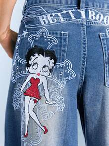 Betty Boop | ROMWE 哥特十字架和藤蔓玫瑰图案刺绣做旧水洗超大直筒加长Y2K牛仔裤 - 淺色水洗藍 - 查看 2