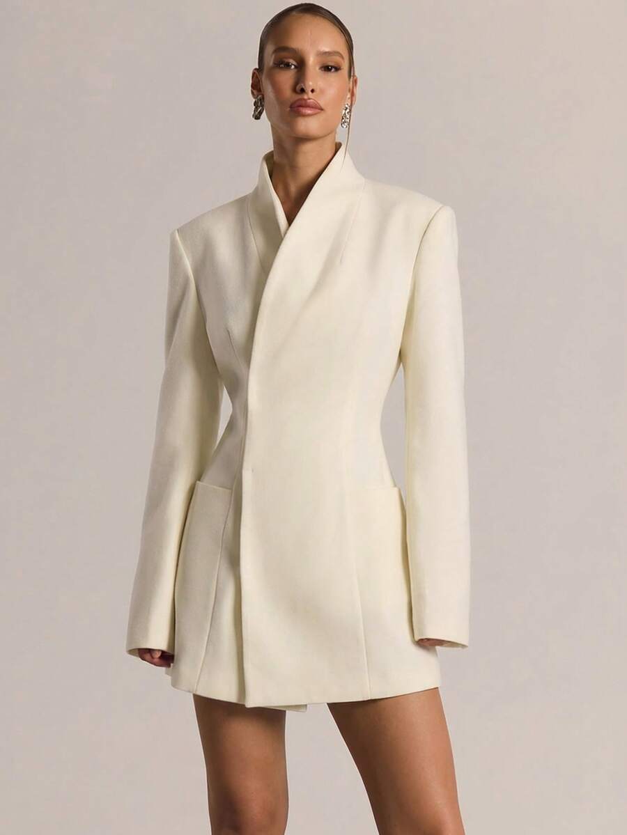 MUSERA 修身收腰漏斗领长袖西装裙,适合秋季休闲外出、日常、夜间外出、性感可爱、舒适派对、优雅时尚、情人节、春夏度假、新娘单身派对、告别单身派对、婚礼、婚礼宾客、毕业舞会等场合。 - 米色 - 查看 1