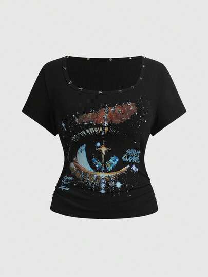 ROMWE Avant T-shirt casual unisex da donna in stile retrò "baddie", con stampa di stelle e borchie, vita stretta