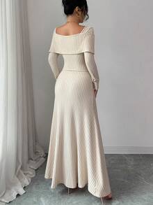 Selianne New Autumn/Winter Women's Fuzzy Ribbed Bow Collar Elegant Long Dress - Apricot - View 3